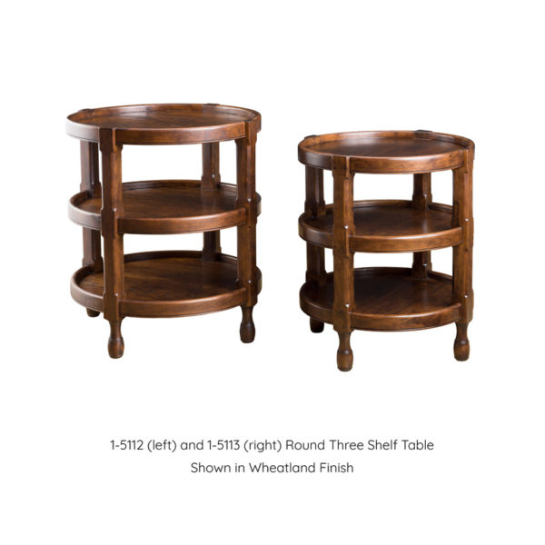 Round Three shelf tables, two sizes, shown in Wheatland Finish by MacKenzie Dow Fine Furniture