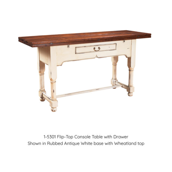 Flip Top console table with drawer in Antique White and Wheatland finish, closed view. By MacKenzie Dow Fine Furniture