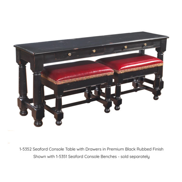 Seaford Console Table with Drawers in Black Rubbed finish by MacKenzie Dow Fine Furniture. Shown with Seaford Console Benches