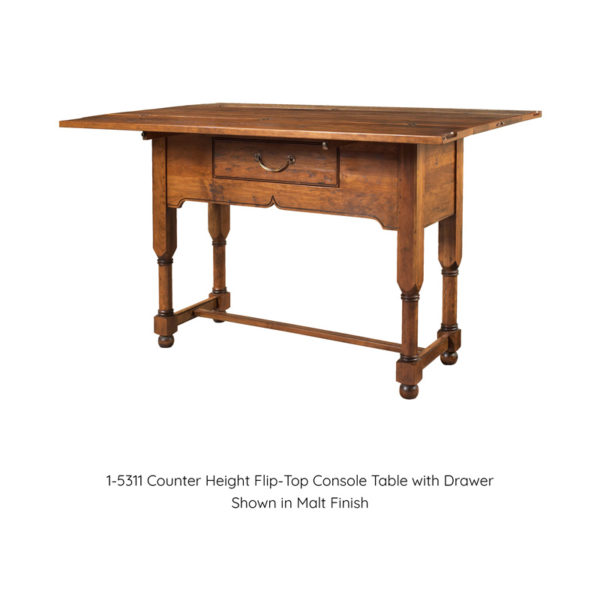 Counter height flip top console table with drawer in malt finish by MacKenzie Dow Fine Furniture